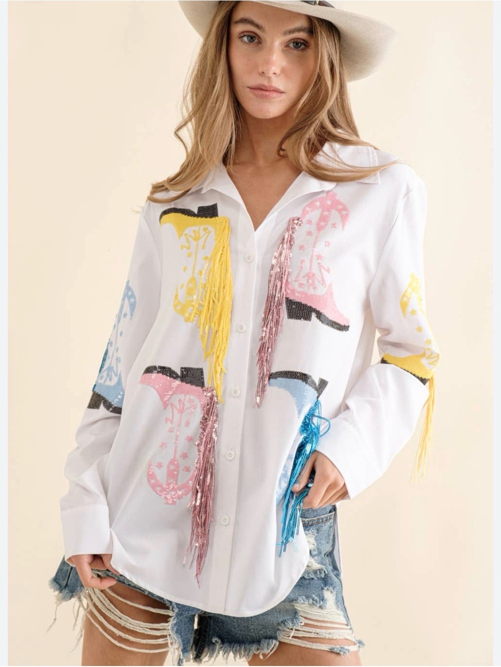 Blue b boot sequin button down